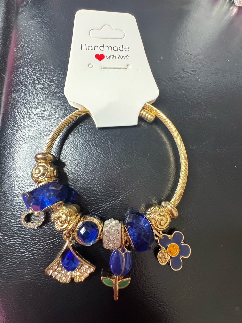 Handmade Gold-Tone Bracelet with Deep Blue Crystal Charms
